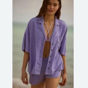 Anthropologie Oversized Short Sleeve Terry Cloth Button Down Shirt Size Small